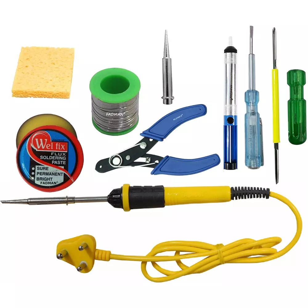 Fadman 9 In 1 Soldering Iron Kit, 2 In 1 Screw Driver, Tester, Desoldering Pump, Bit, Solder Wire, Paste, Cutter, Sponge, Yellow & Black 25 W Simple (Flat Tip)