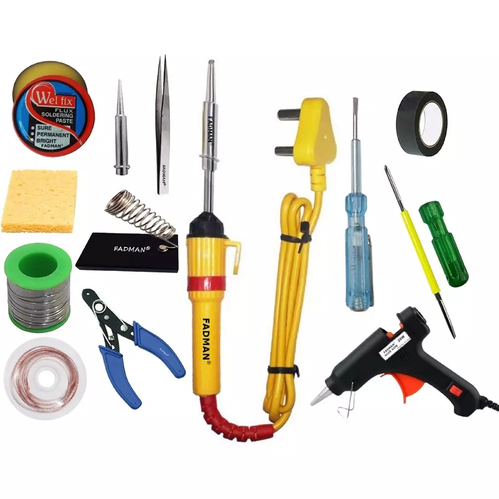 Fadman Beginner Basic 13 In 1 Soldering Iron Kit Copper, Iron & Nickle Corded 25 W with Solder Wire, Cutter, Tester, Hardware Tape