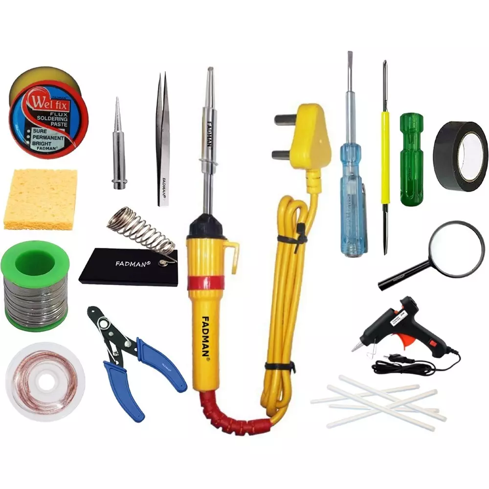 Fadman Beginner Basic 15 In 1 Soldering Iron Kit Copper, Iron & Nickle Corded 25 W with Solder Wire, Cutter, Tester, Hardware Tape