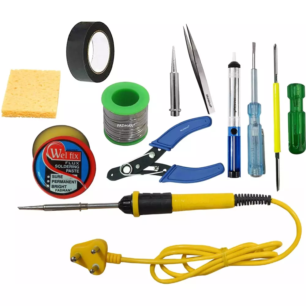 Fadman 11 In 1 Soldering Iron Kit, Tape, Tweezer, 2 In 1 Screw Driver, Tester, Desoldering Pump, Bit, Solder Wire, Paste, Cutter, Sponge, Yellow & Black 25 W Simple (Flat Tip)