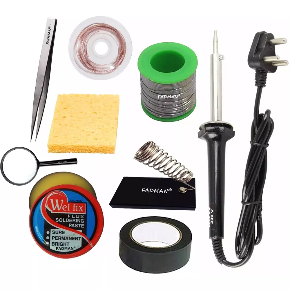 Fadman Soldering Iron Kit 60 W (Black), Soldering Paste Flux, Solder Wire, Stand, Sponge, Hardware Tape, Desoldering Wick, Tweezer, Magnifying Glass (Flat Tip)