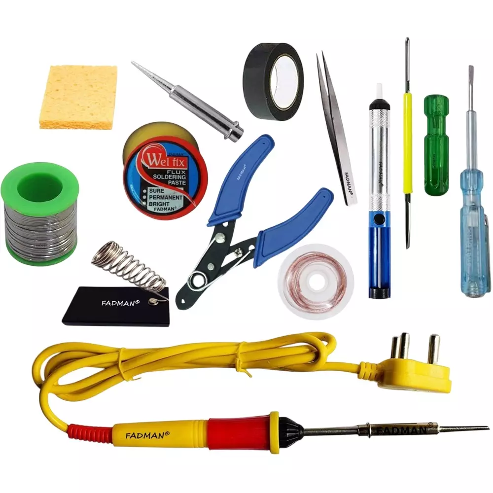 Fadman 13 In 1 Soldering Iron Kit Copper, Iron & Nickle Corded 25 W with Solder Wire, Cutter, Tester Yellow+Full Red