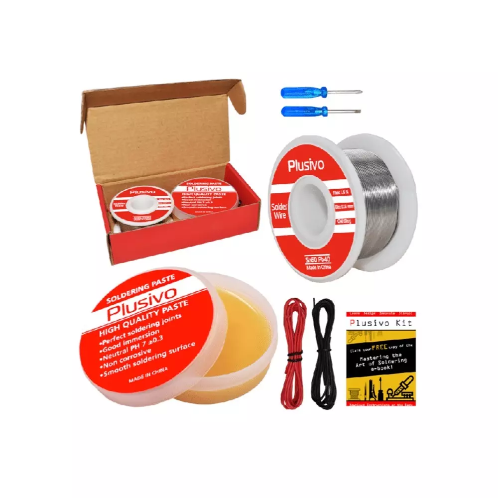 PLUSIVO Solder Wire (0.6mm, 100g) and Rosin Paste Flux for PCB Electrical Soldering