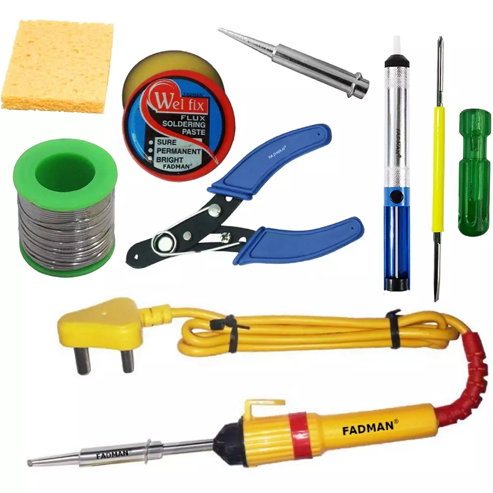 Fadman 8 In 1 Soldering Iron Kit, Solder Wire, Soldering Paste Flux, Desoldering Pump, Wire Cutter, Soldering Iron Bit, Sponge, 2 In 1 Screw Driver, Soldering Iron 25 W Simple (Flat Tip)