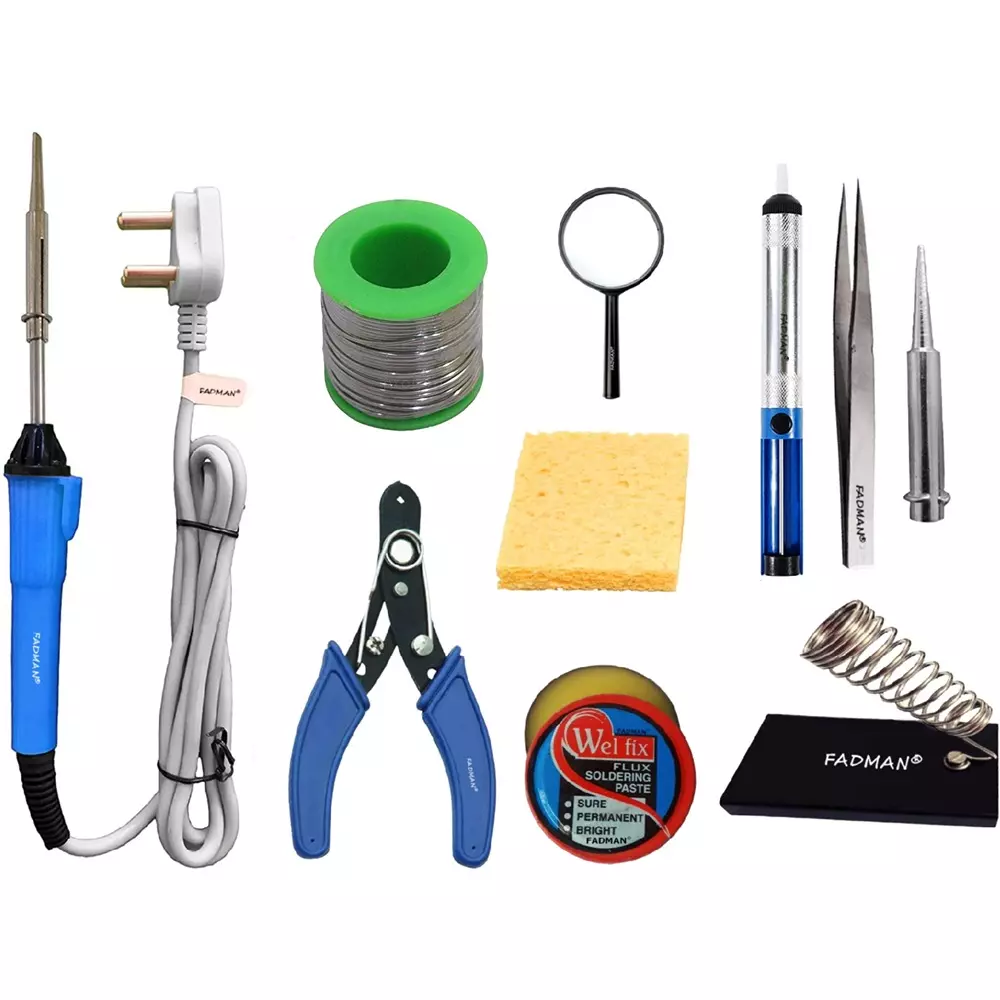 Fadman Beginner Basic Soldering Iron Kit Pack-10, Solder Wire, Stand, Wire Cutter, Soldering Flux, Tweezer, Desoldering Pump, Sponge, Soldering Bit, Magnifying Glass, Soldering Iron 25 W Simple (Flat Tip)