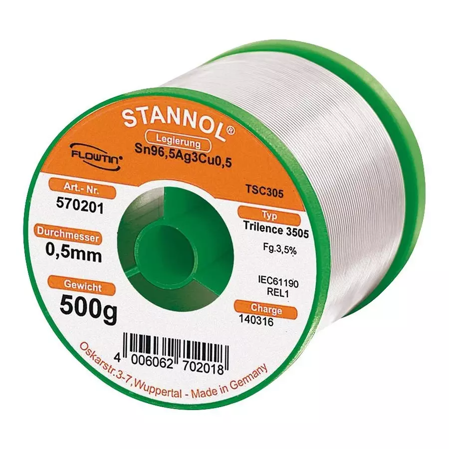 STANNOL Solder Wire, 96.5/3/0.5 Sn/Ag/Cu, 500G, TRILENCE 3505 0.5MM REL1