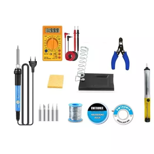 VMTRONIX Temperature Adjustable Soldering Iron Kit 60 W Iron Plated Tip for Precision Electric Work (Kit of 16 Pcs)