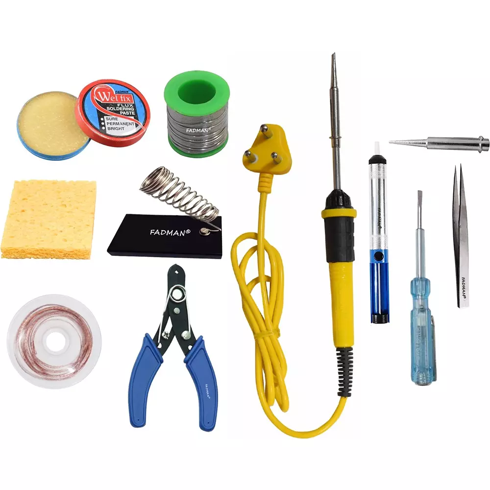 Fadman Soldering Iron Kit, Solder Wire, Soldering Paste, Stand, Bit, Tweezer, Sponge, Cutter, Pump, Tester, Wick, Yellow & Black Soldering Iron 25 W Simple (Flat Tip)