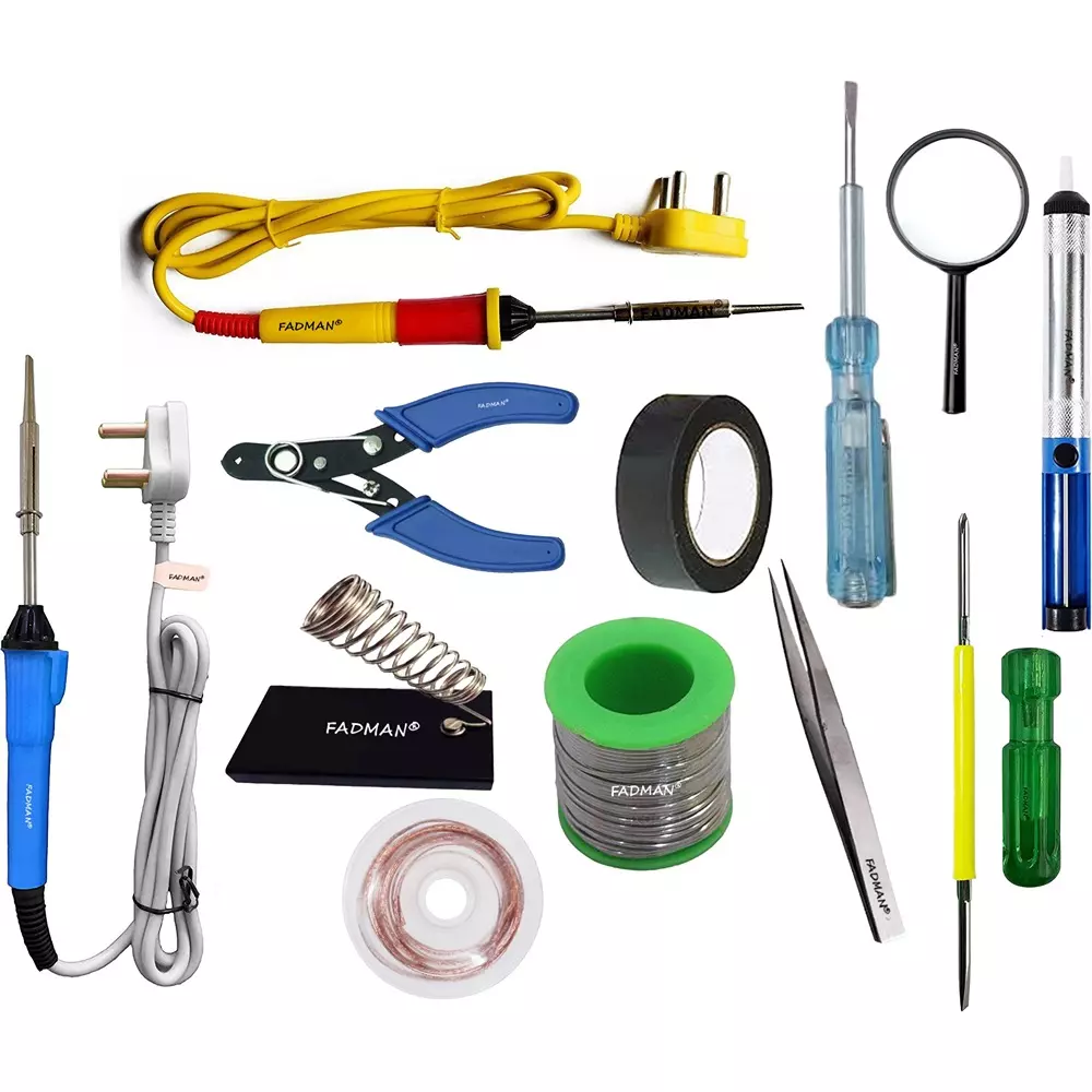 Fadman Soldering Iron Kit 1 Pc Desoldering Wick, 1 Pc Tweezer, 1 Pc Desolder Pump, 1 Pc Magnifying Glass, 1 Pc Screw Driver 2In1, 1 Pc Tester, 1 Pc Stand, 1 Pc Cutter, 1 Pc Solder Wire, 1 Pc Tape 25 W Simple (Flat Tip)