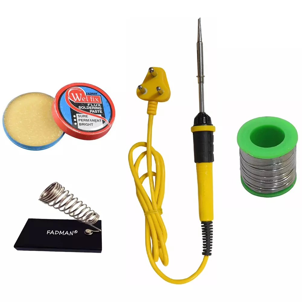 Fadman Soldering Iron Kit, Solder Wire, Soldering Paste, Stand, Yellow & Black Soldering Iron 25 W Simple (Flat Tip)