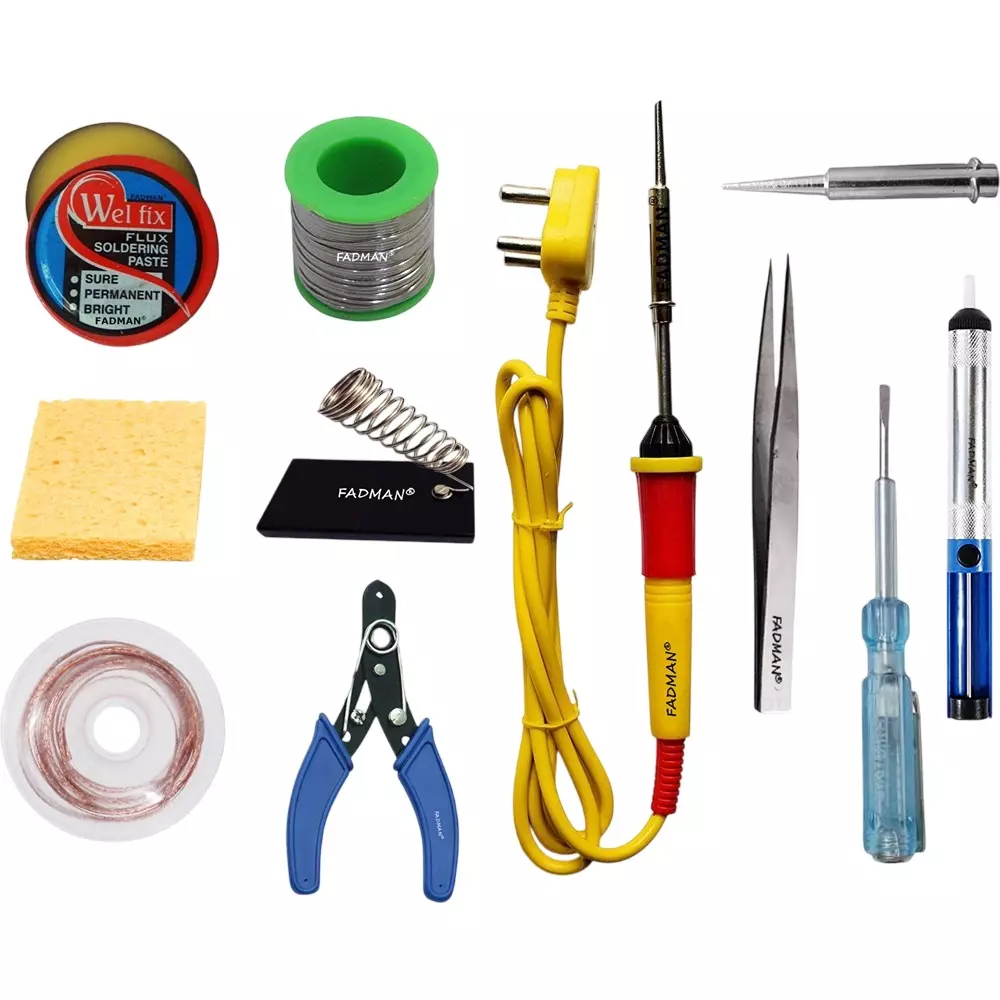 Fadman Beginner Basic Soldering Iron Kit Pack-11, Soldering Flux, Solder Wire, Stand, Tweezr, Sponge, Soldering Bit, Wire Cutter, Desoldering Pump, Tester, Desoldering Wick, Yellow Soldering Iron 25 W Simple (Flat Tip)