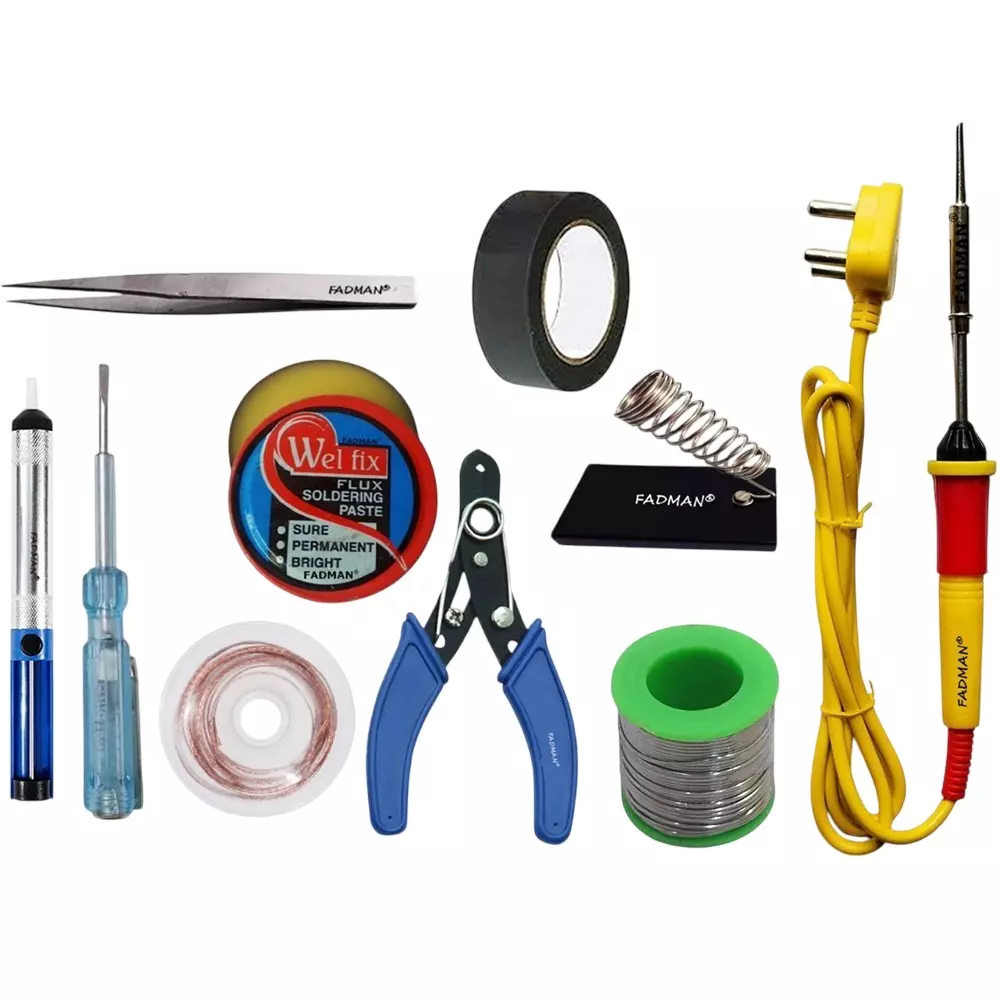 Fadman Basic Bundle Electric 10 In 1 Soldering Iron Kit Copper, Iron & Nickle Corded 25 W with Solder Wire, Cutter, Hardware Tape, Tester