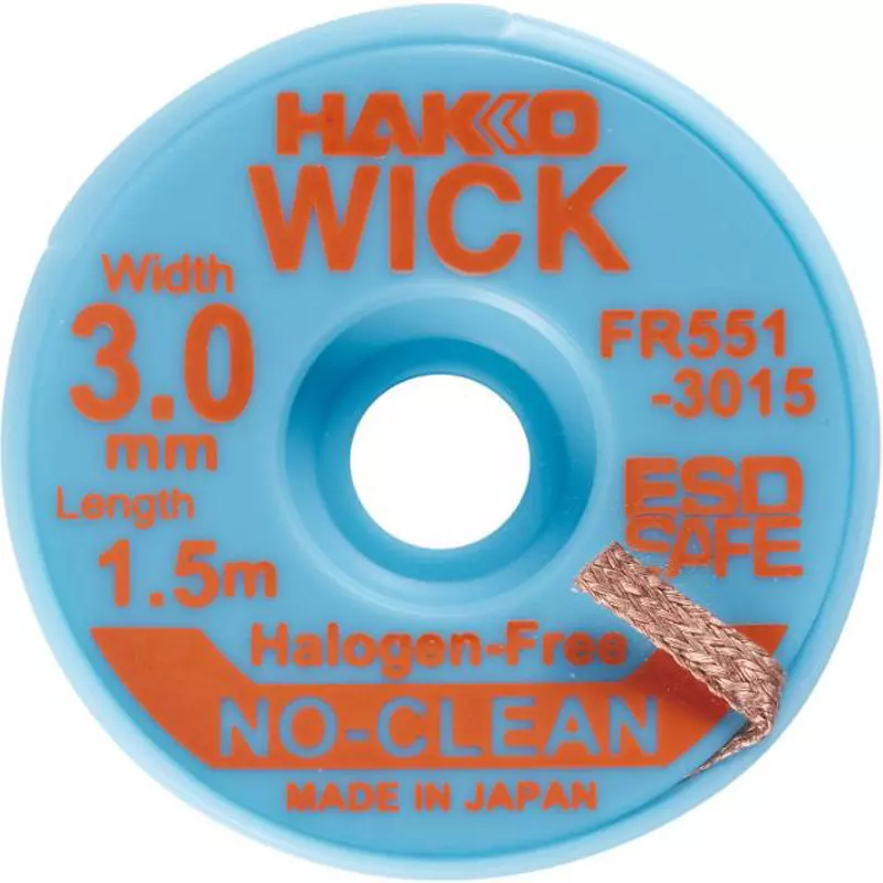 HAKKO Solder Wick No-Clean Halogen-Free, Flux: No-Clean Type for Copper mirror corrosion: No breakthrough (IPC-TM-650), FR551-3015-J