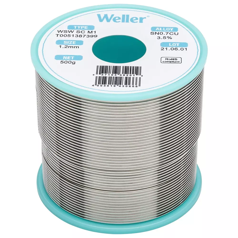 WELLER Solder, 99.3/0.7, 227 Deg, 1.2mm, 500G, T0051387399