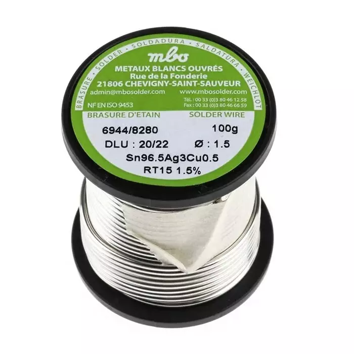 MBO Wire 1.5 mm Lead Free Solder 217°C Melting Point, SN96.5 AG3 CU0.5 15/10 RT15-100G (Pack of 100)