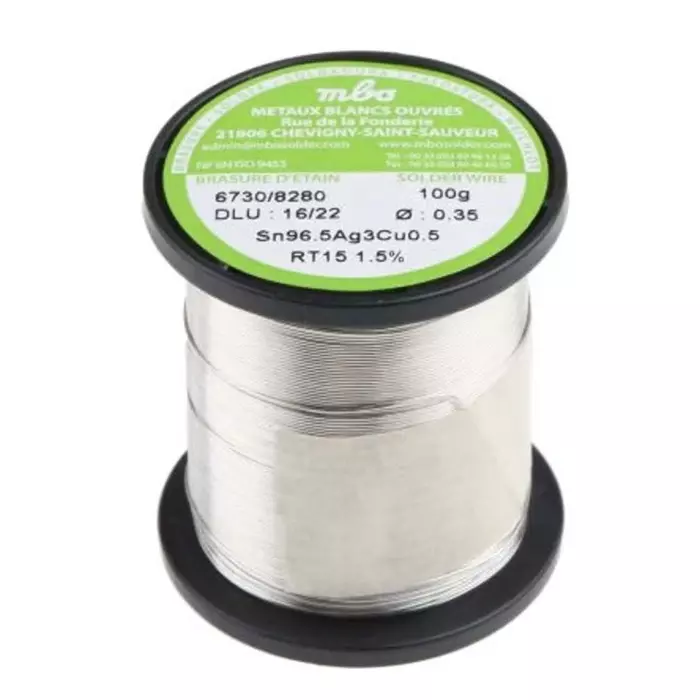 MBO Wire 0.35 mm Lead Free Solder 217°C Melting Point, SN96.5 AG3 CU0.5 3,5/10 RT15-100G (Pack of 100)