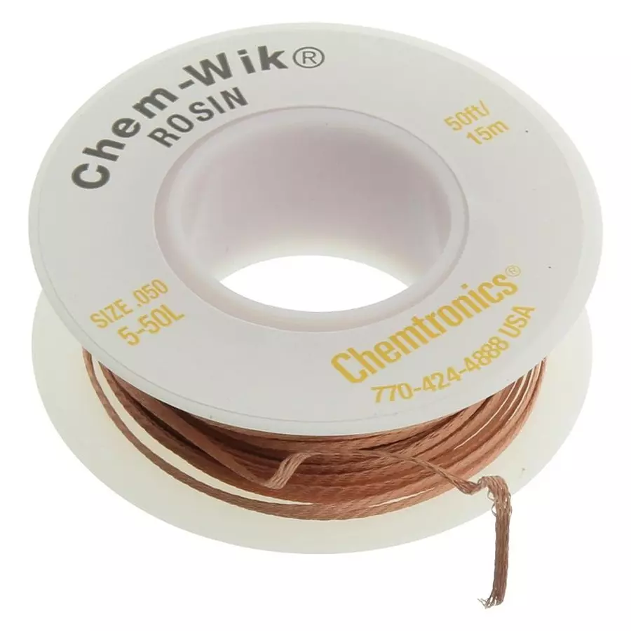 CHEMTRONICS Braid, Desoldering, Rosin, 50Ft, 5-50L