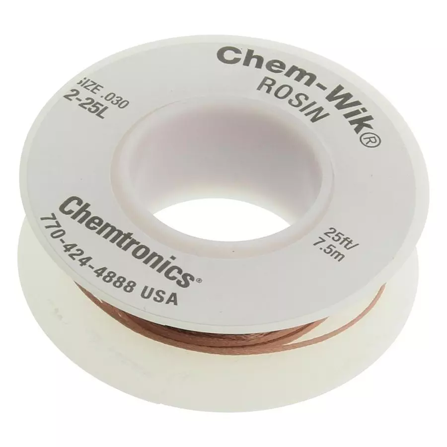 CHEMTRONICS Braid, Desoldering, Rosin, 25Ft, 2-25L
