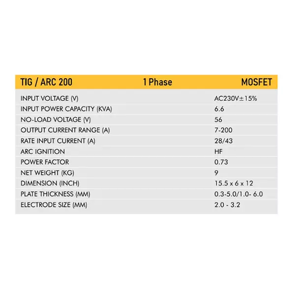 VIC MOSFET Tig/Arc Welding Machine 6.6 KVA Power Single Phase 7-200 A Current Range for Industrial Use, TIG/ARC 200