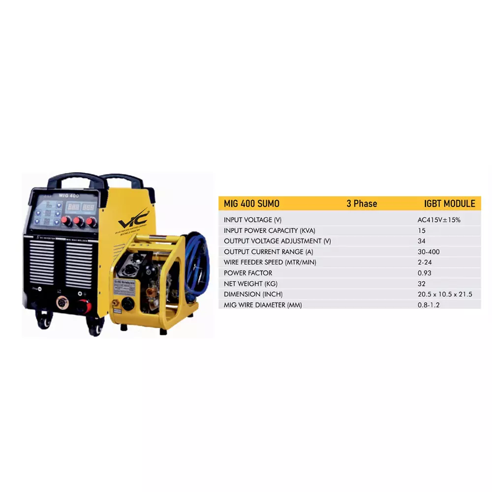 VIC IGBT MODULE Mig Welding Machine 15 KVA Power 3 Phase 30-400 A Current Range for Industrial Use, MIG 400 SUMO