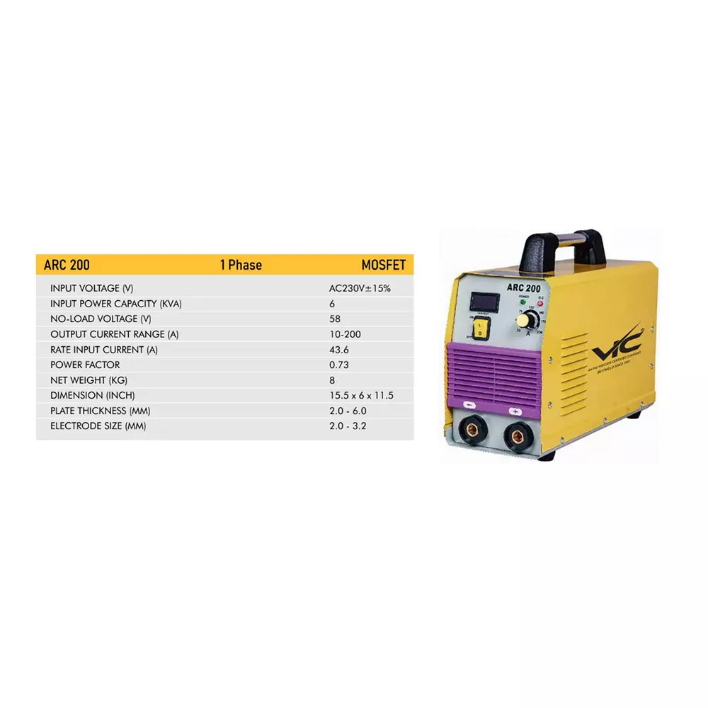 VIC MOSFET Arc Welding Machine 6 KVA Power Single Phase 10-200 A Current Range for Industrial Use, ARC 200