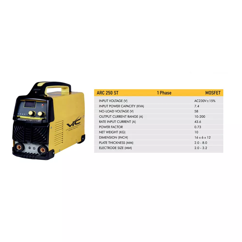 VIC MOSFET Arc Welding Machine 7.4 KVA Power Single Phase 10-200 A Current Range for Industrial Use, ARC 250 ST