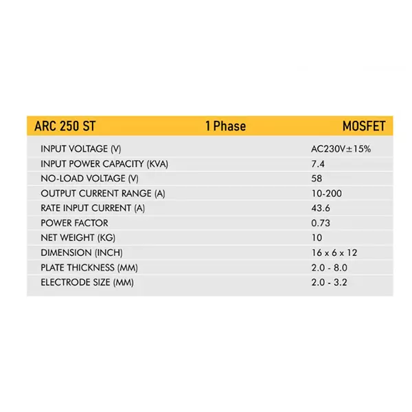VIC MOSFET Arc Welding Machine 7.4 KVA Power Single Phase 10-200 A Current Range for Industrial Use, ARC 250 ST