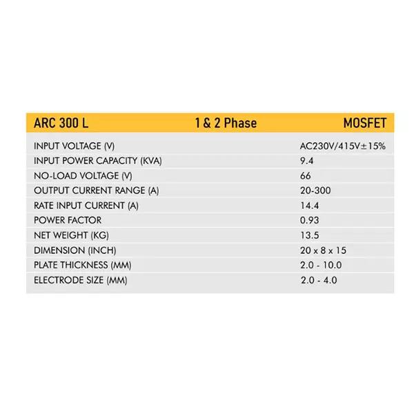 VIC MOSFET Arc Welding Machine 9.4 KVA Power Single & Double Phase 20-300 A Current Range for Industrial Use, ARC 300 L
