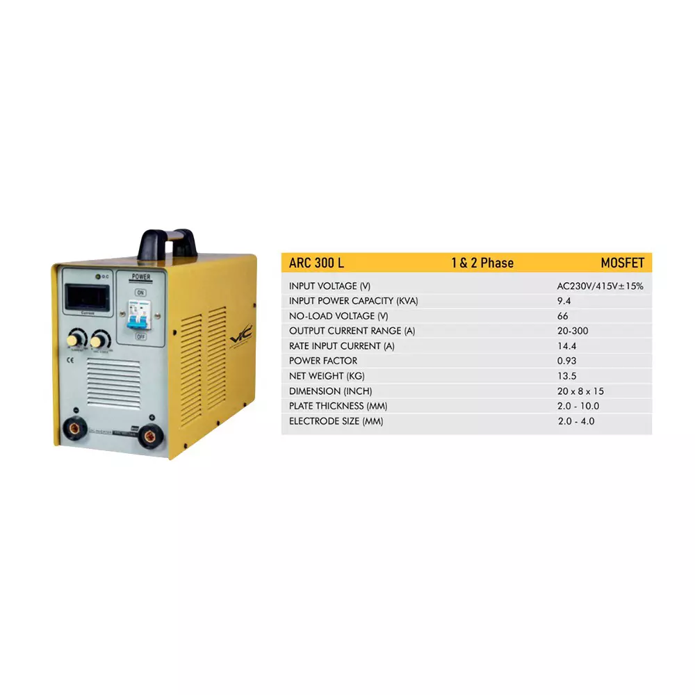 VIC MOSFET Arc Welding Machine 9.4 KVA Power Single & Double Phase 20-300 A Current Range for Industrial Use, ARC 300 L