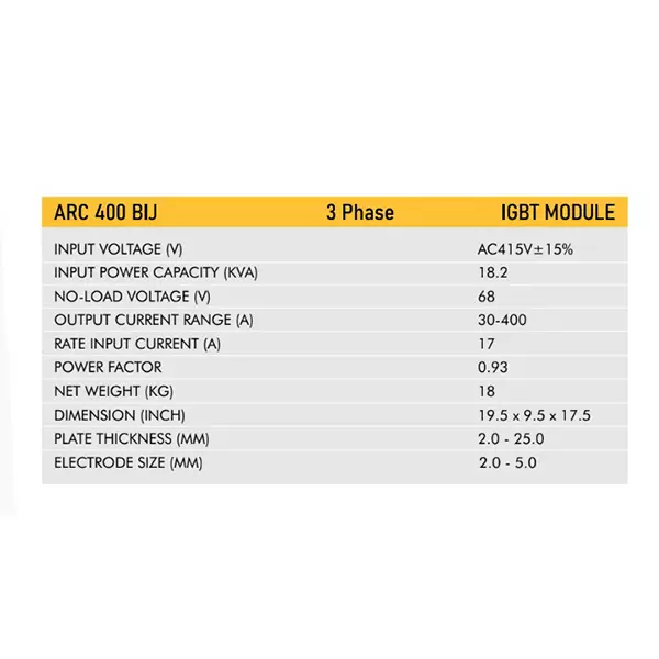 VIC IGBT MODULE Arc Welding Machine 18.2 KVA Power 3 Phase 30-400 A Current Range for Industrial Use, ARC 400 BIJ