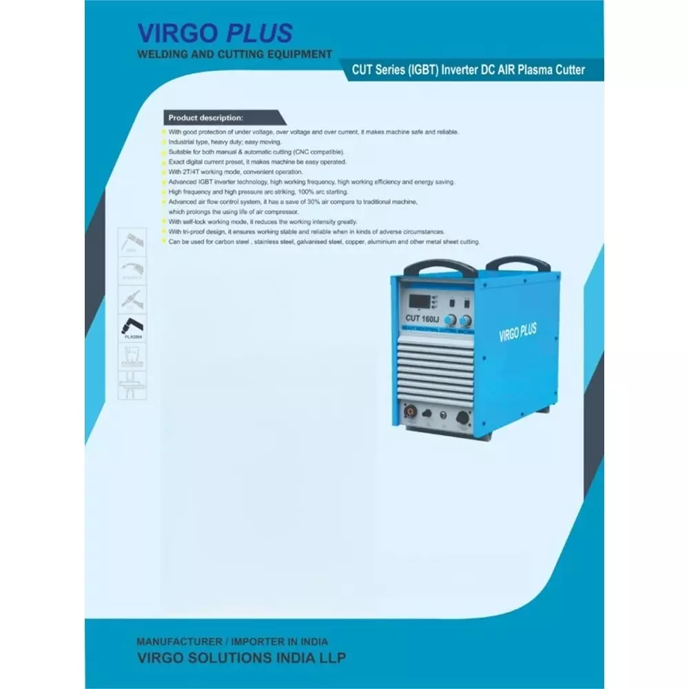 Virgo Plus Inverter DC IGBT Welding Machine with Air Plasma Cutter Kit 21 A Current 3 Phase Electric for Industrial Use, CUT 160 IJ