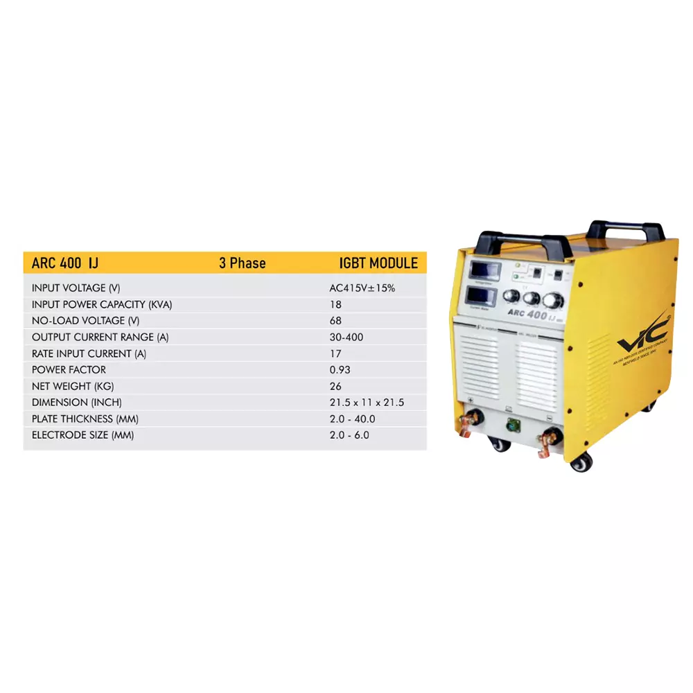 VIC IGBT MODULE Arc Welding Machine 18 KVA Power 3 Phase 30-400 A Current Range for Industrial Use, ARC 400 IJ