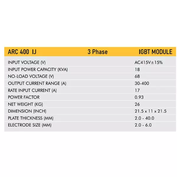 VIC IGBT MODULE Arc Welding Machine 18 KVA Power 3 Phase 30-400 A Current Range for Industrial Use, ARC 400 IJ