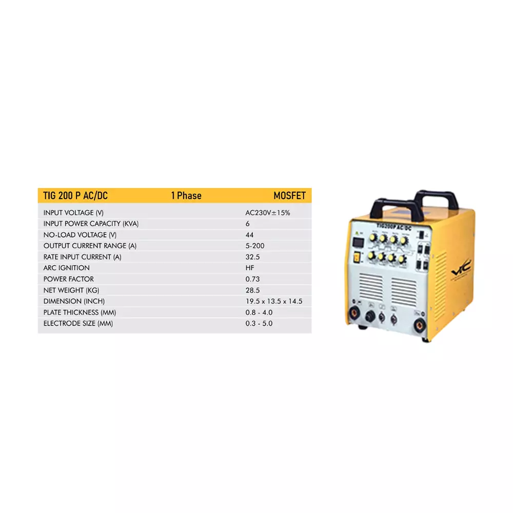VIC MOSFET Tig Welding Machine 6 KVA Power Single Phase 5-200 A Current Range for Industrial Use, TIG 200 P AC/DC