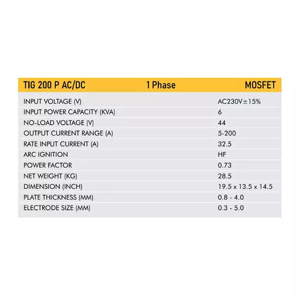 VIC MOSFET Tig Welding Machine 6 KVA Power Single Phase 5-200 A Current Range for Industrial Use, TIG 200 P AC/DC