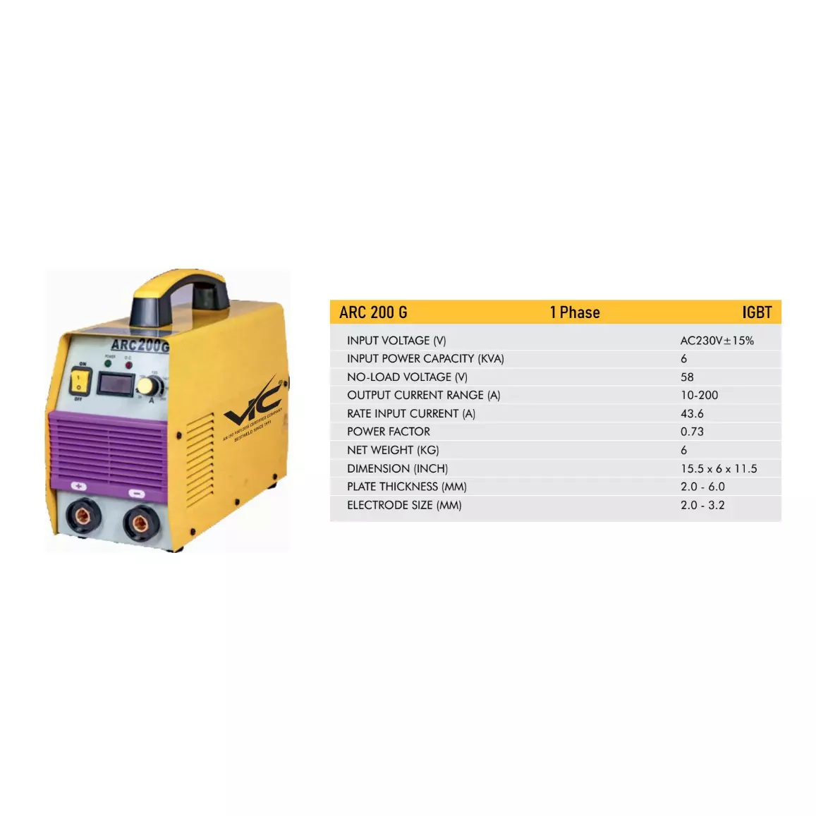 VIC IGBT Arc Welding Machine 6 KVA Power Single Phase 10-200 A Current Range for Industrial Use, ARC 200G