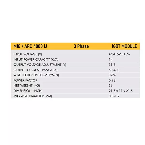 VIC IGBT MODULE Mig/Arc Welding Machine 14 KVA Power 3 Phase 50-400 A Current Range for Industrial Use, MIG/ARC 4000 IJ