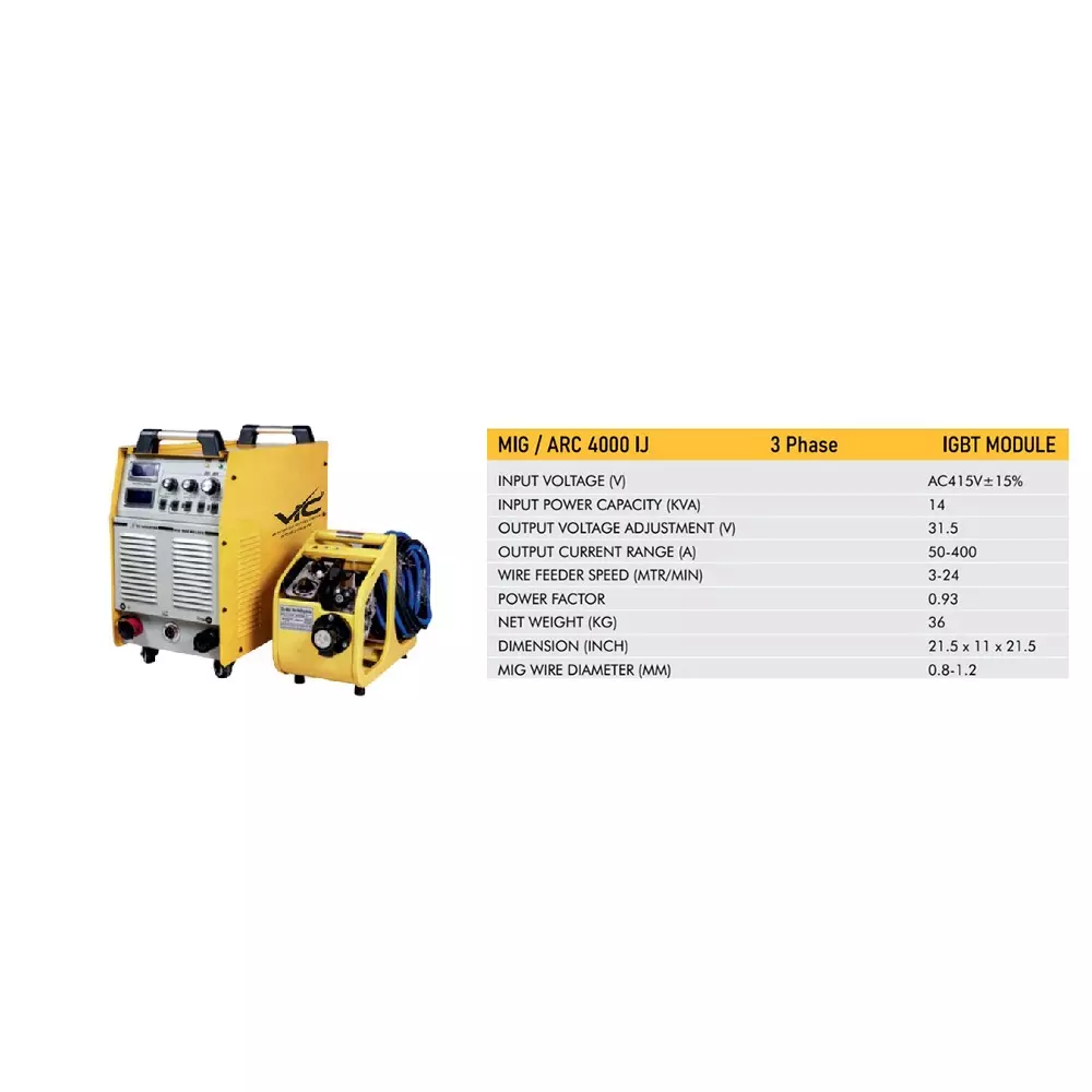 VIC IGBT MODULE Mig/Arc Welding Machine 14 KVA Power 3 Phase 50-400 A Current Range for Industrial Use, MIG/ARC 4000 IJ