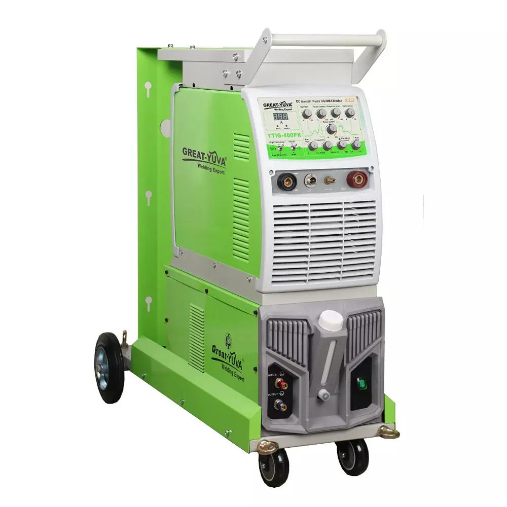 Great Yuva TIG/MMA Welding Machine With Pulse Kit Three Phase Trolley Mounted IGBT Based 400 A Current Rating TIG (15 kva), MMA (20 kva) Rated Input Capacity