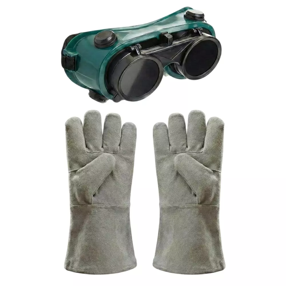 Dalbir Heavy Duty Flip-up Welding Goggle with Safety Gloves 28 cm (Gloves) Size Green & Light Grey Silicone Rubber Full Rim for Multipurpose Use