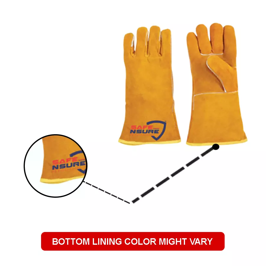 Safe N Sure Welders Gloves 355 mm (14 inch) Split Cowhide Leather Inner Linning Yellow, SWG 44 (Pack of 10 Pair)