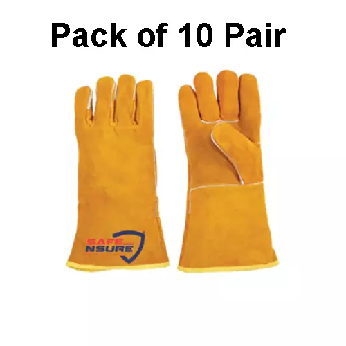 Safe N Sure Welders Gloves 355 mm (14 inch) Split Cowhide Leather Inner Linning Yellow, SWG 44 (Pack of 10 Pair)