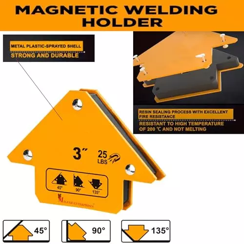 Malfah Enterprises Magnetic Welding Holder Alloy Steel with Magnetic Core 7.62 cm Yellow for Welding, Soldering & Assembly, AMWH25031